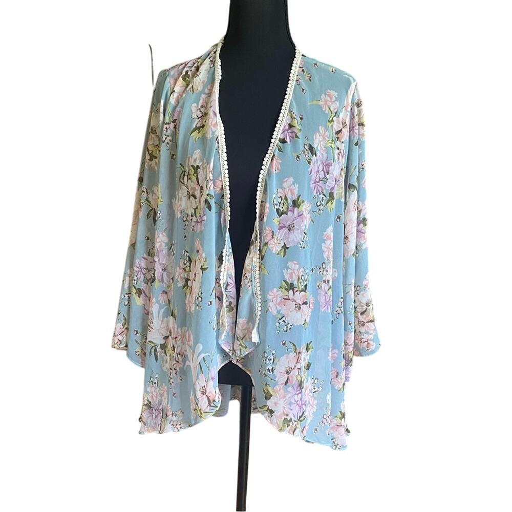 Chris & Carol Floral Blue Kimono Top cottagecore garden girl medium USA